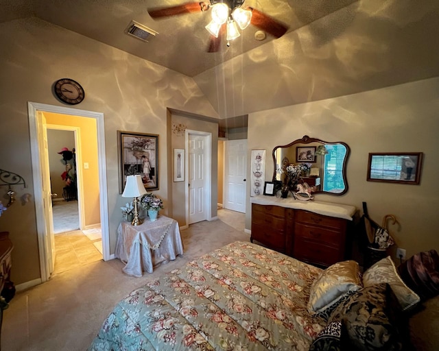3002 Sandleigh Dr, Spring, TX 77388 - bedroom with light carpet, vaulted ceiling, and a ceiling fan