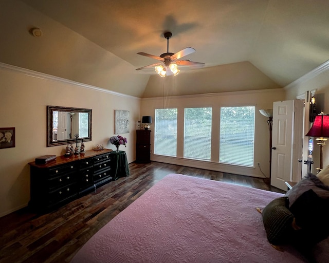 3002 Sandleigh Dr, Spring, TX 77388 - bedroom featuring vaulted ceiling, dark wood-style floors, ornamental molding, and a ceiling fan