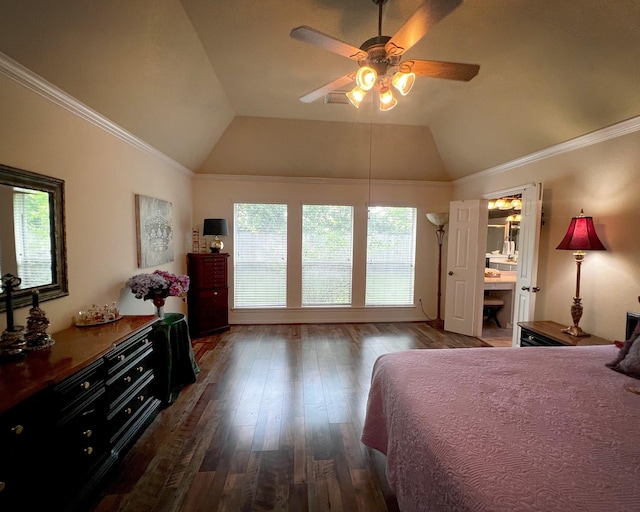 3002 Sandleigh Dr, Spring, TX 77388 - bedroom featuring lofted ceiling, hardwood / wood-style flooring, ornamental molding, and ceiling fan