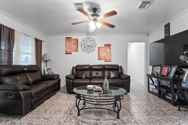 4914 Airport Blvd, Houston, TX 77048 - living room with ornamental molding, a ceiling fan, and light tile patterned flooring