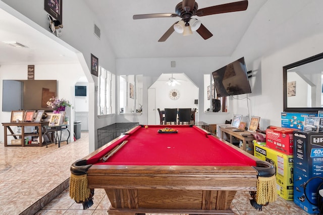 4914 Airport Blvd, Houston, TX 77048 - rec room featuring ceiling fan, lofted ceiling, tile patterned floors, and billiards table