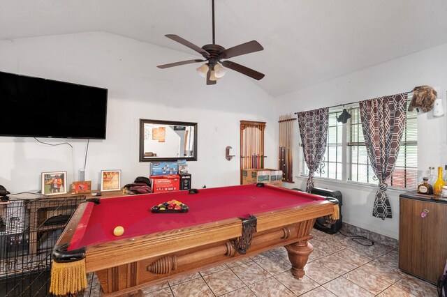 4914 Airport Blvd, Houston, TX 77048 - playroom featuring vaulted ceiling, billiards table, ceiling fan, and tile patterned flooring