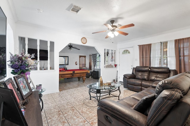 4914 Airport Blvd, Houston, TX 77048 - living area featuring pool table, a ceiling fan, ornamental molding, and light tile patterned floors