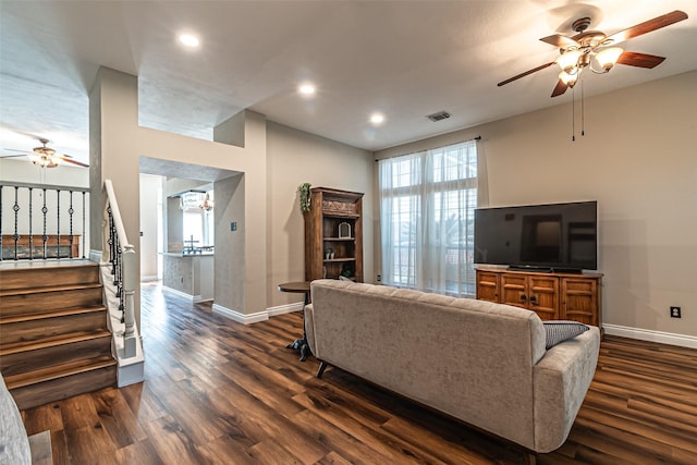 20423 Lone Star Oak St, Cypress, TX 77433 - living room featuring ceiling fan, stairs, baseboards, dark wood-style flooring, and recessed lighting
