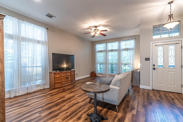 20423 Lone Star Oak St, Cypress, TX 77433 - entrance foyer featuring dark wood-type flooring, baseboards, and ceiling fan