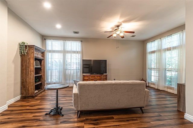 20423 Lone Star Oak St, Cypress, TX 77433 - living area featuring a ceiling fan, dark wood-style floors, baseboards, and recessed lighting