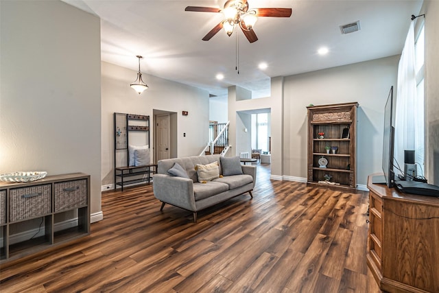 20423 Lone Star Oak St, Cypress, TX 77433 - living room with ceiling fan, dark wood-style floors, baseboards, stairway, and recessed lighting