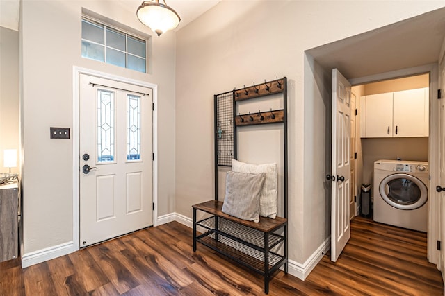 20423 Lone Star Oak St, Cypress, TX 77433 - foyer featuring washer / clothes dryer, dark wood finished floors, and baseboards