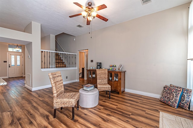 20423 Lone Star Oak St, Cypress, TX 77433 - living area with stairs, baseboards, wood finished floors, and ceiling fan