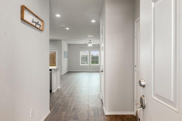 4438 Andorno Dr, Katy, TX 77449 - hallway with recessed lighting, baseboards, and dark wood-style flooring