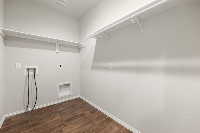 4438 Andorno Dr, Katy, TX 77449 - clothes washing area featuring electric dryer hookup, dark wood-style flooring, washer hookup, and baseboards