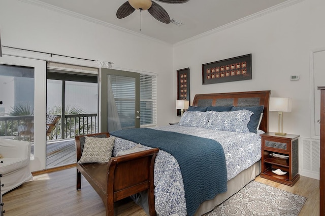 4242 Pelican Ln, Galveston, TX 77554 - bedroom featuring wood finished floors, ornamental molding, access to outside, and a ceiling fan