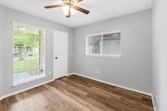 empty room featuring plenty of natural light, wood finished floors, and baseboards