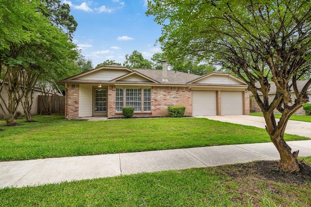 ranch-style home with brick siding, an attached garage, and driveway