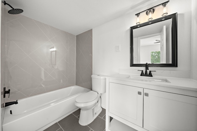 full bathroom with toilet, tile patterned floors, vanity, and shower / bathtub combination