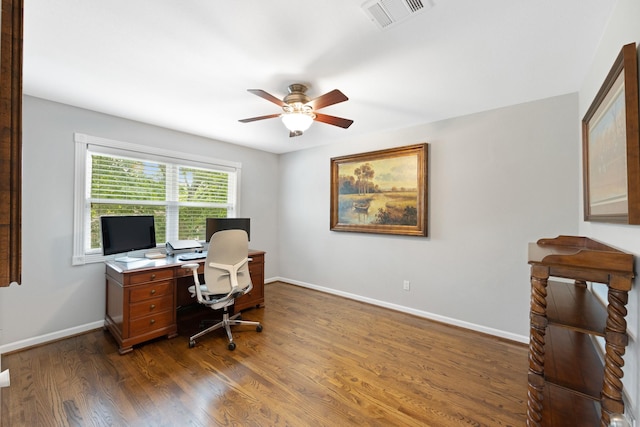 10830 Piping Rock Ln, Houston, TX 77042 - home office with ceiling fan, baseboards, and dark wood finished floors