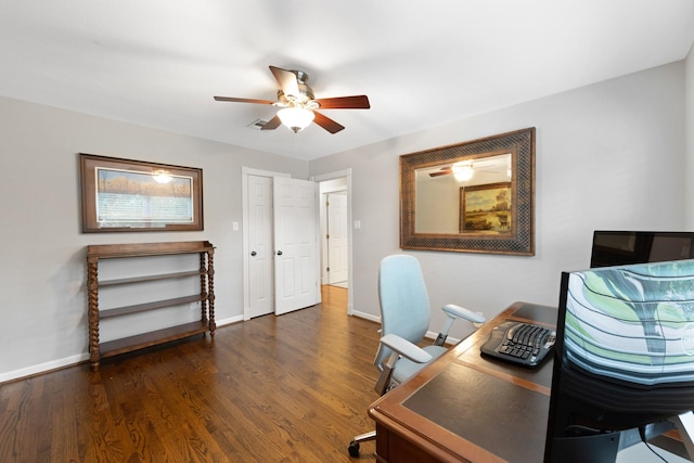 10830 Piping Rock Ln, Houston, TX 77042 - office space featuring a ceiling fan, dark wood-style flooring, and baseboards