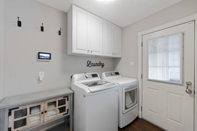 10830 Piping Rock Ln, Houston, TX 77042 - laundry area with cabinet space, independent washer and dryer, and dark wood-style floors