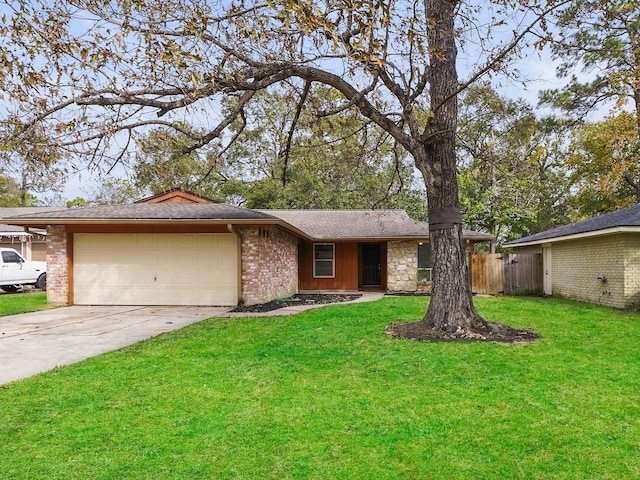 ranch-style house featuring a garage, driveway, brick siding, and roof with shingles