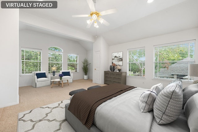 7615 Brae Acres Ct, Houston, TX 77074 - bedroom featuring carpet flooring, lofted ceiling, a ceiling fan, baseboards, and recessed lighting