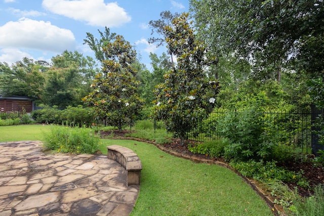 view of green lawn featuring a patio area