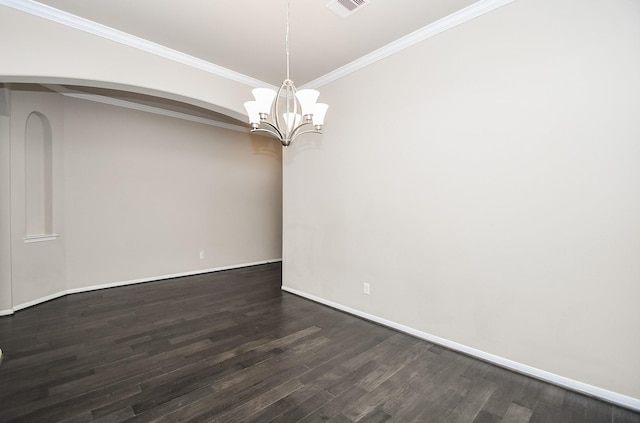 7718 Collina Landing Trl, Richmond, TX 77407 - unfurnished room with a chandelier, dark wood-style flooring, baseboards, arched walkways, and ornamental molding