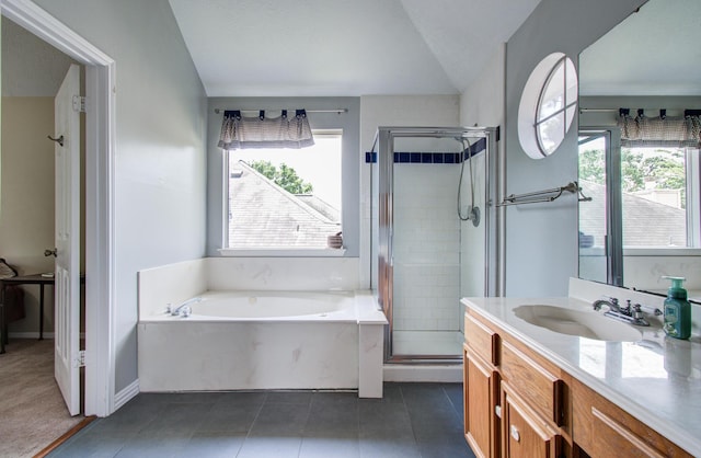 bathroom featuring healthy amount of natural light, a shower stall, vanity, and vaulted ceiling