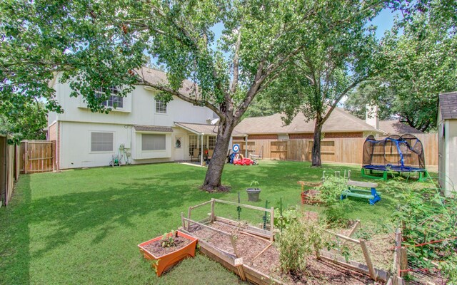 view of yard with a vegetable garden and a trampoline