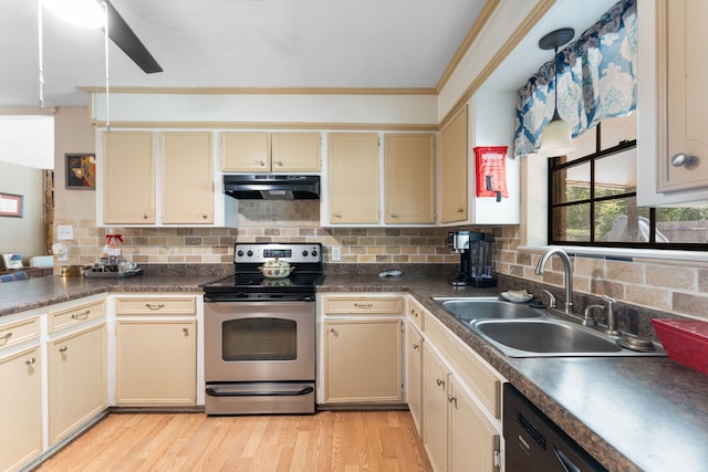 1001 Windy Dr, Brenham, TX 77833 - kitchen featuring stainless steel range with electric cooktop, cream cabinetry, under cabinet range hood, a sink, and crown molding