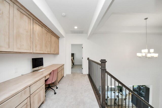 4914 Olive Province Ln, Manvel, TX 77578 - office space with built in desk, a chandelier, light colored carpet, and recessed lighting