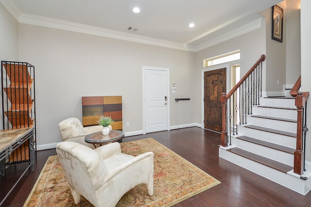 1913 Rosewood St, Houston, TX 77004 - entryway with crown molding, dark wood-style floors, recessed lighting, stairway, and baseboards