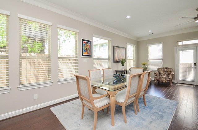 1913 Rosewood St, Houston, TX 77004 - dining area with dark wood finished floors, ornamental molding, a ceiling fan, recessed lighting, and baseboards