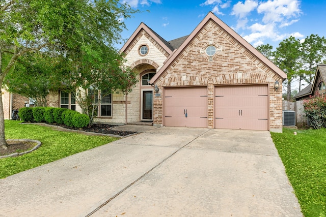 2314 Laurel Loch Ln, Pearland, TX 77584 - french country inspired facade featuring cooling unit, an attached garage, brick siding, concrete driveway, and a front lawn