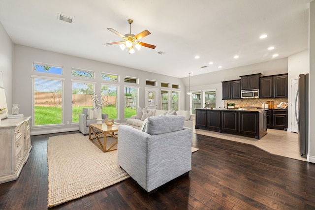 2314 Laurel Loch Ln, Pearland, TX 77584 - living room with wood-type flooring, ceiling fan, and recessed lighting