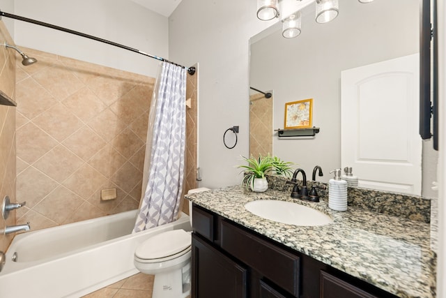 2314 Laurel Loch Ln, Pearland, TX 77584 - bathroom featuring shower / tub combo with curtain, tile patterned flooring, toilet, and vanity