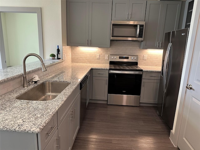 6955 Turtlewood Dr Unit 502, Houston, TX 77072 - kitchen featuring appliances with stainless steel finishes, gray cabinets, a sink, decorative backsplash, and light stone countertops