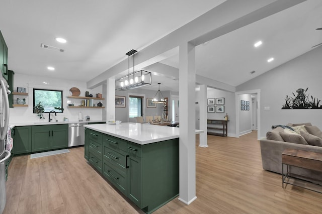 914 Rustic Oaks Dr, Magnolia, TX 77354 - kitchen with green cabinets, open shelves, dishwasher, light countertops, and light wood-style floors