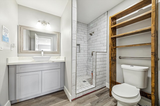 2106 Antoine Dr, Houston, TX 77055 - full bathroom with a stall shower, toilet, wood finished floors, vanity, and baseboards