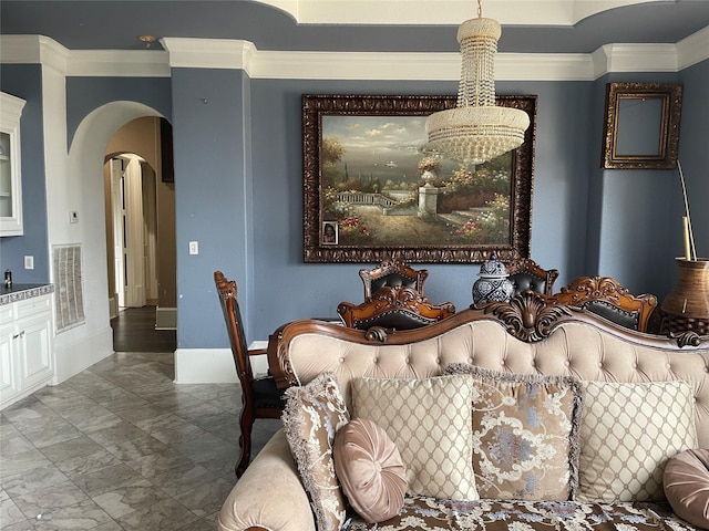 8930 Water Crest Trl, Richmond, TX 77469 - dining area with arched walkways, marble look tiles, and ornamental molding