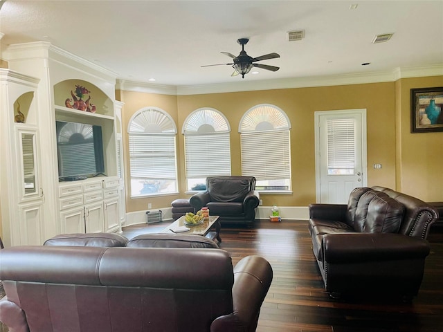 8930 Water Crest Trl, Richmond, TX 77469 - living room with a ceiling fan, dark wood-style flooring, crown molding, and baseboards