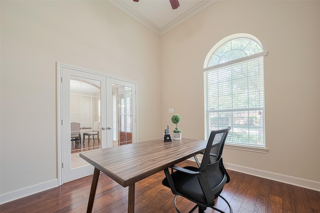 home office with french doors, crown molding, a ceiling fan, baseboards, and dark wood finished floors