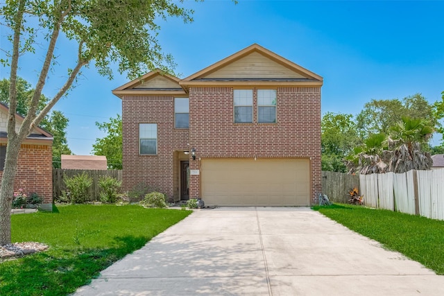 traditional-style home with a garage, concrete driveway, and brick siding