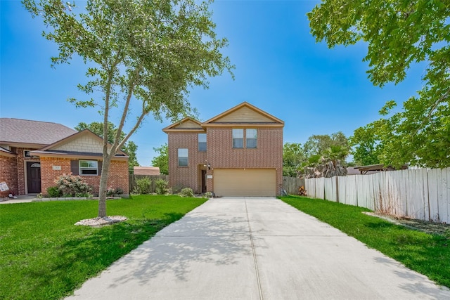traditional-style home featuring a garage, concrete driveway, and brick siding