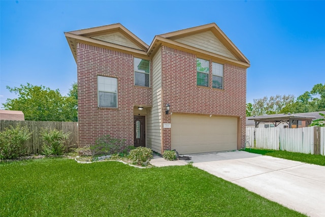 view of front of house with an attached garage, brick siding, and driveway