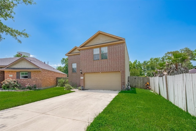 traditional-style house with a garage, brick siding, and concrete driveway