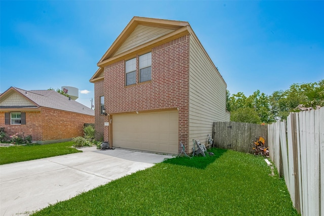 view of side of home featuring brick siding, a garage, and driveway