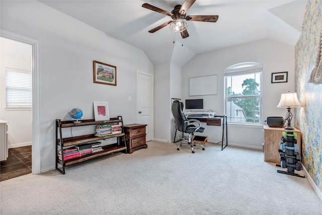 116 Brighton Woods Ct, Conroe, TX 77318 - carpeted home office featuring a ceiling fan, baseboards, and vaulted ceiling