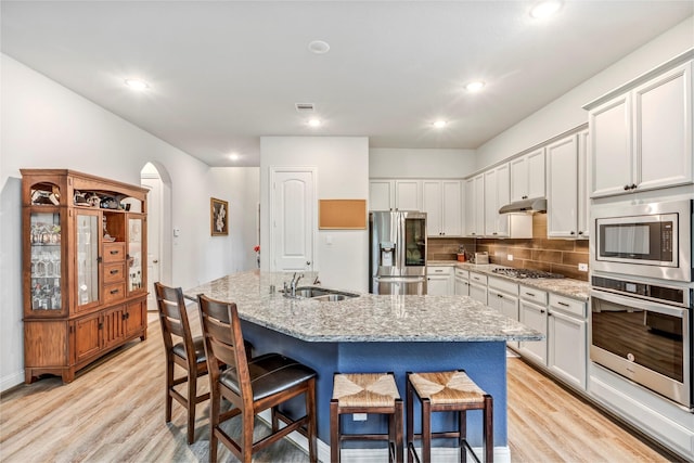 116 Brighton Woods Ct, Conroe, TX 77318 - kitchen with stainless steel appliances, a sink, light wood-type flooring, under cabinet range hood, and recessed lighting