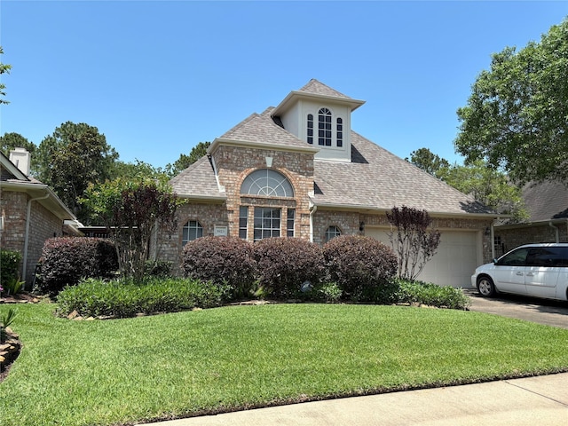 3923 Fordham Park Ct, Pasadena, TX 77058 - french provincial home featuring an attached garage, a front lawn, a shingled roof, brick siding, and concrete driveway