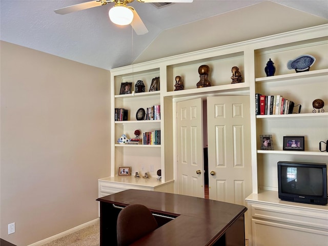 3923 Fordham Park Ct, Pasadena, TX 77058 - home office featuring ceiling fan, lofted ceiling, carpet flooring, baseboards, and built in features
